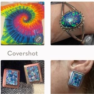 Large Set=Sterling Cuff Bracelet Adj+925 signed Earrings+Tie-dye tee 2x